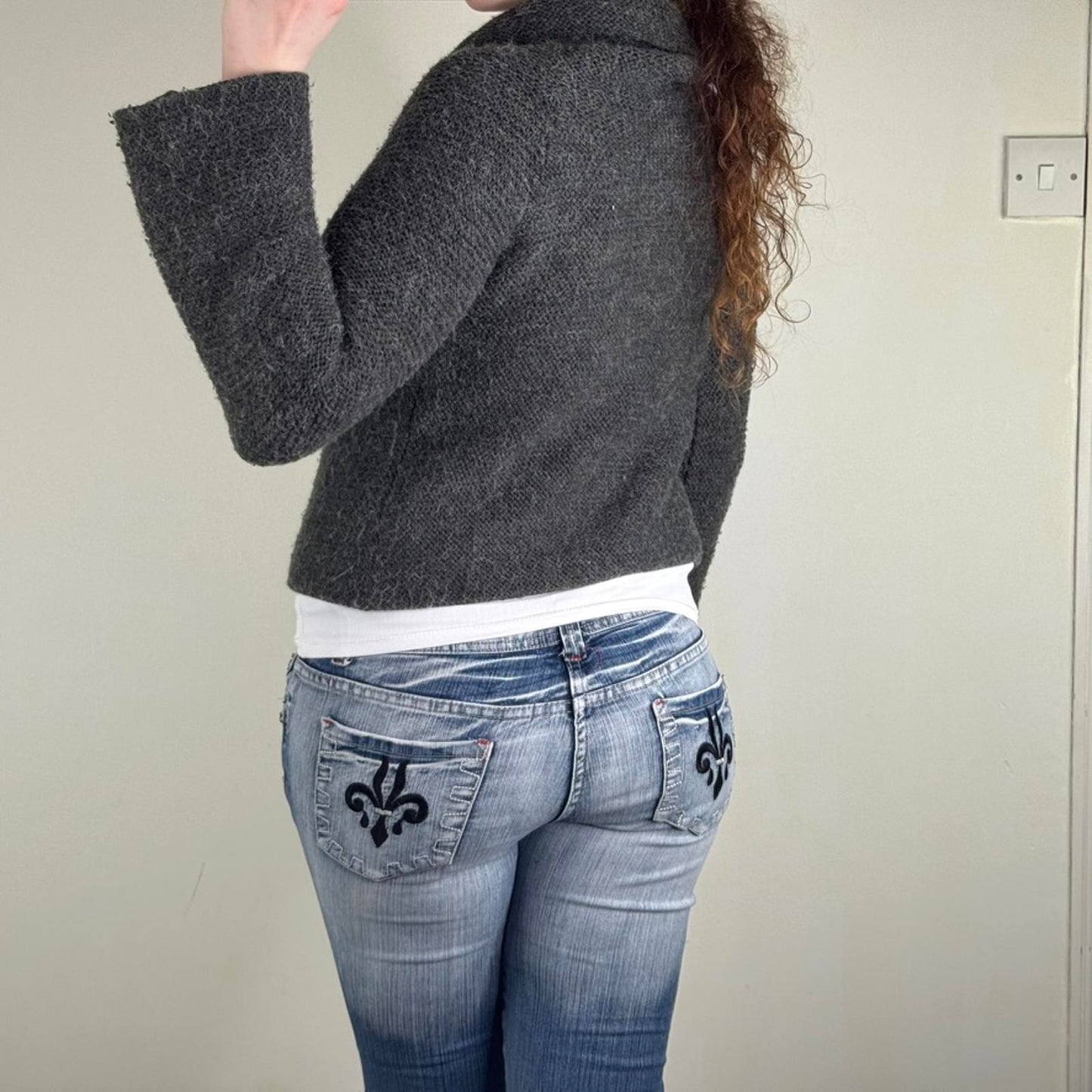 Y2K vintage knit cardigan flare sleeve button grey short length fold over neck