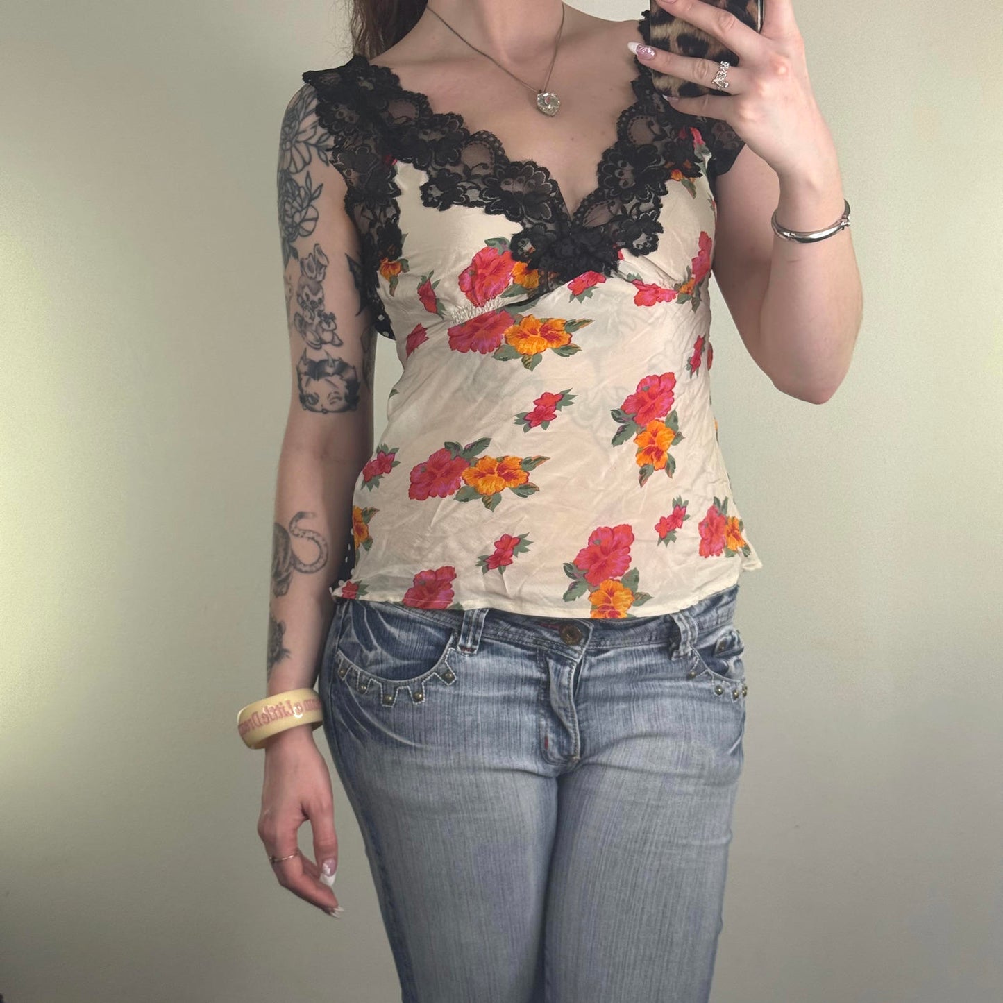Y2K vintage silk blouse sleeveless floral polka dot lace trim adjustable bow