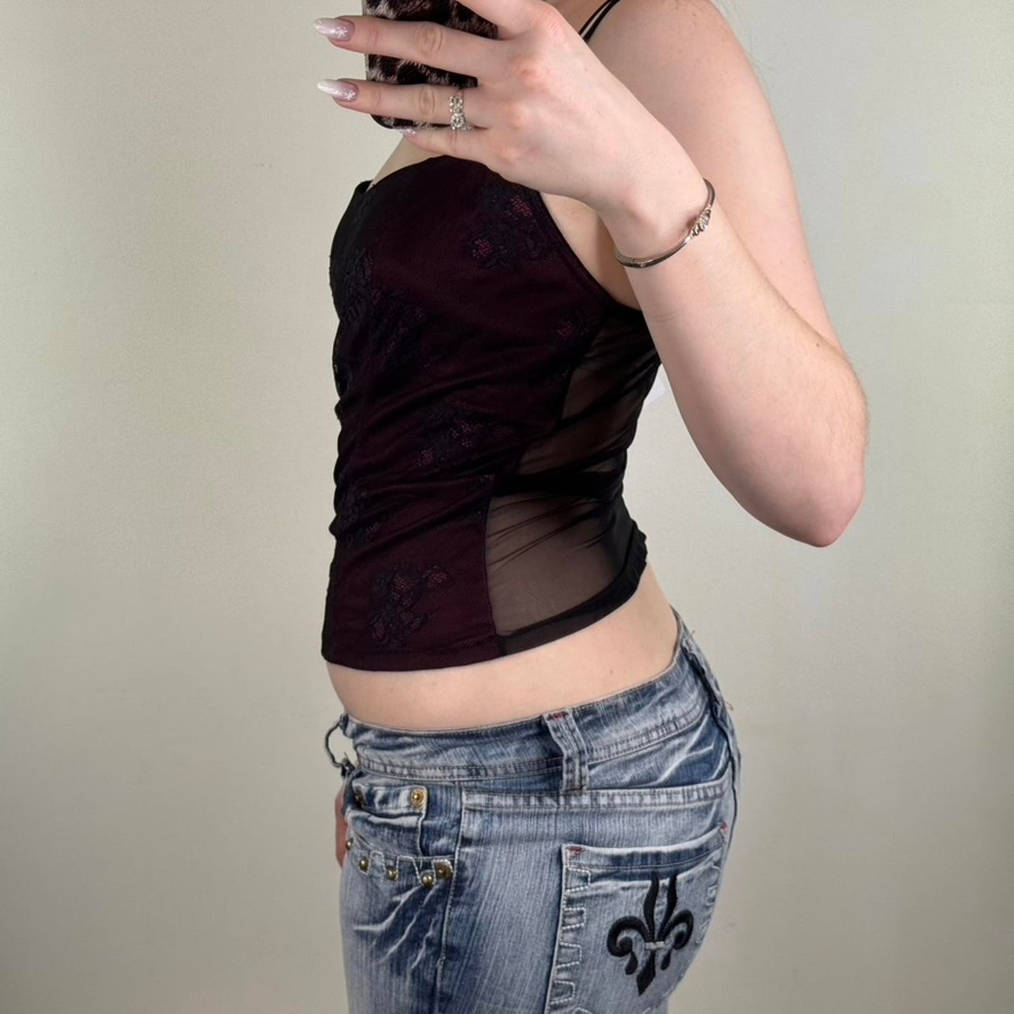 Y2K vintage mesh cami top floral sheer strappy stretchy burgundy black