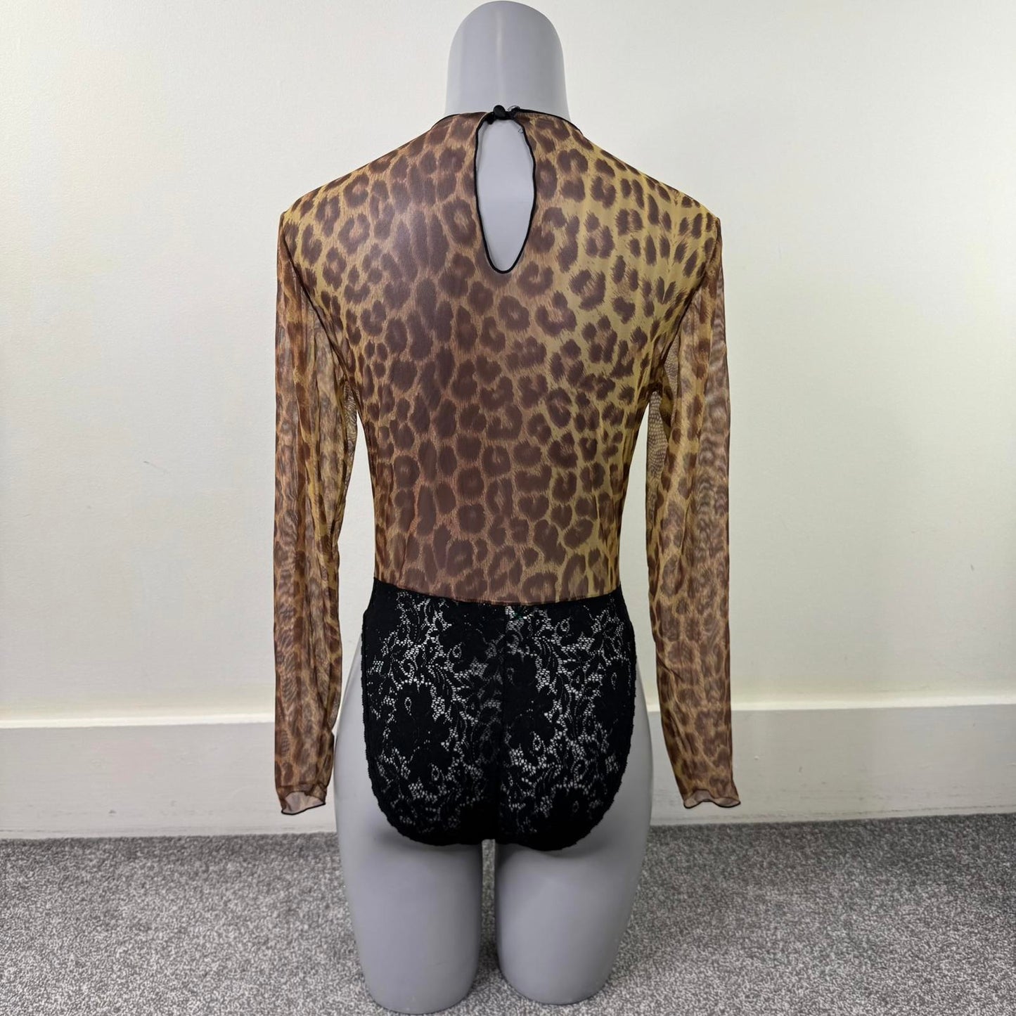80s vintage Guy Laroche long sleeve bodysuit mesh lace leopard print sheer
