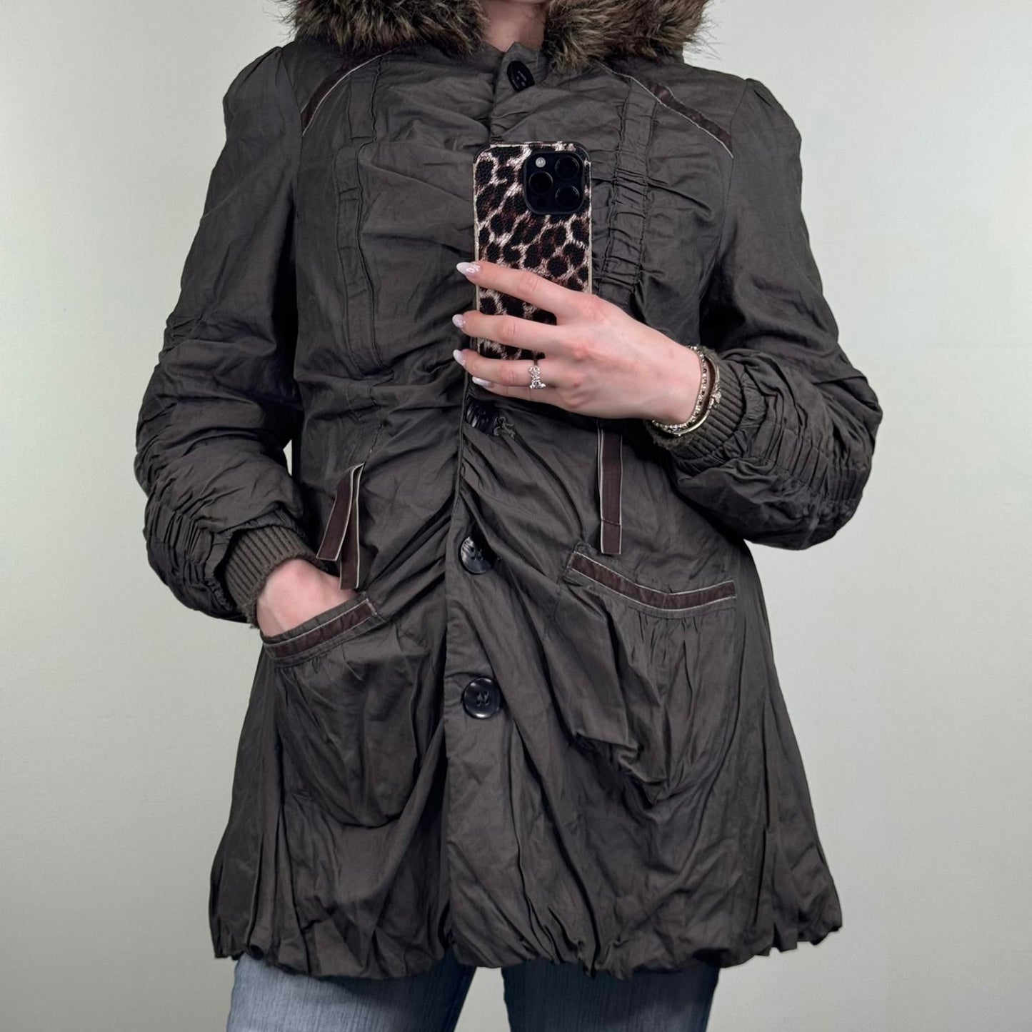 Y2K vintage parka coat ruched bow faux fur hood button up coquette brown velvet