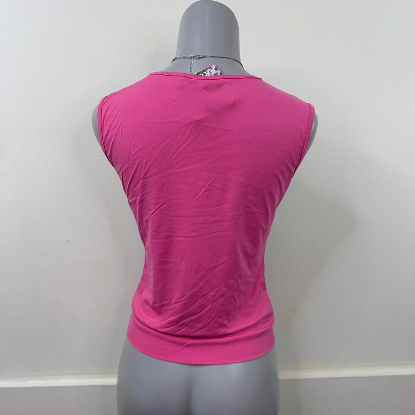 Y2K vintage mesh tank top pink black sleeveless round neck stretch fitted slinky