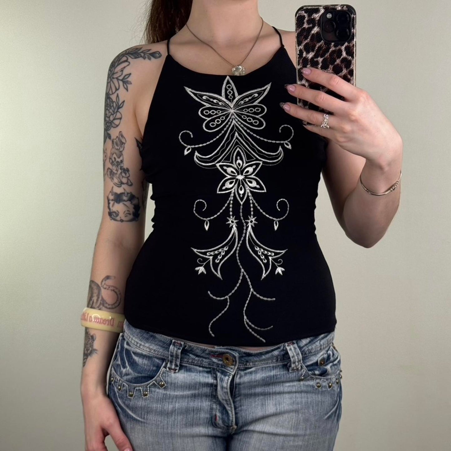 Y2K vintage slinky tank top high neck strappy floral embroidery pattern