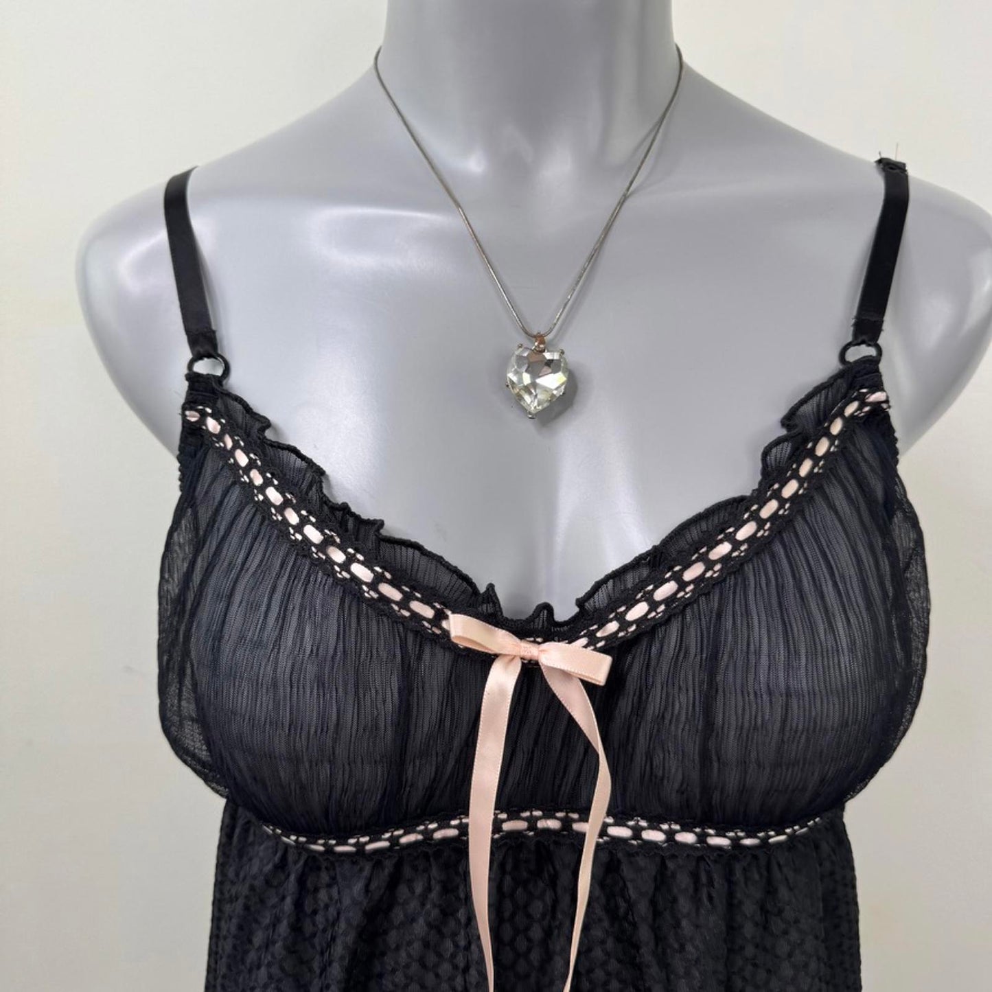 Y2K vintage sheer babydoll chemise bow ruffle black pink coquette nightie frill