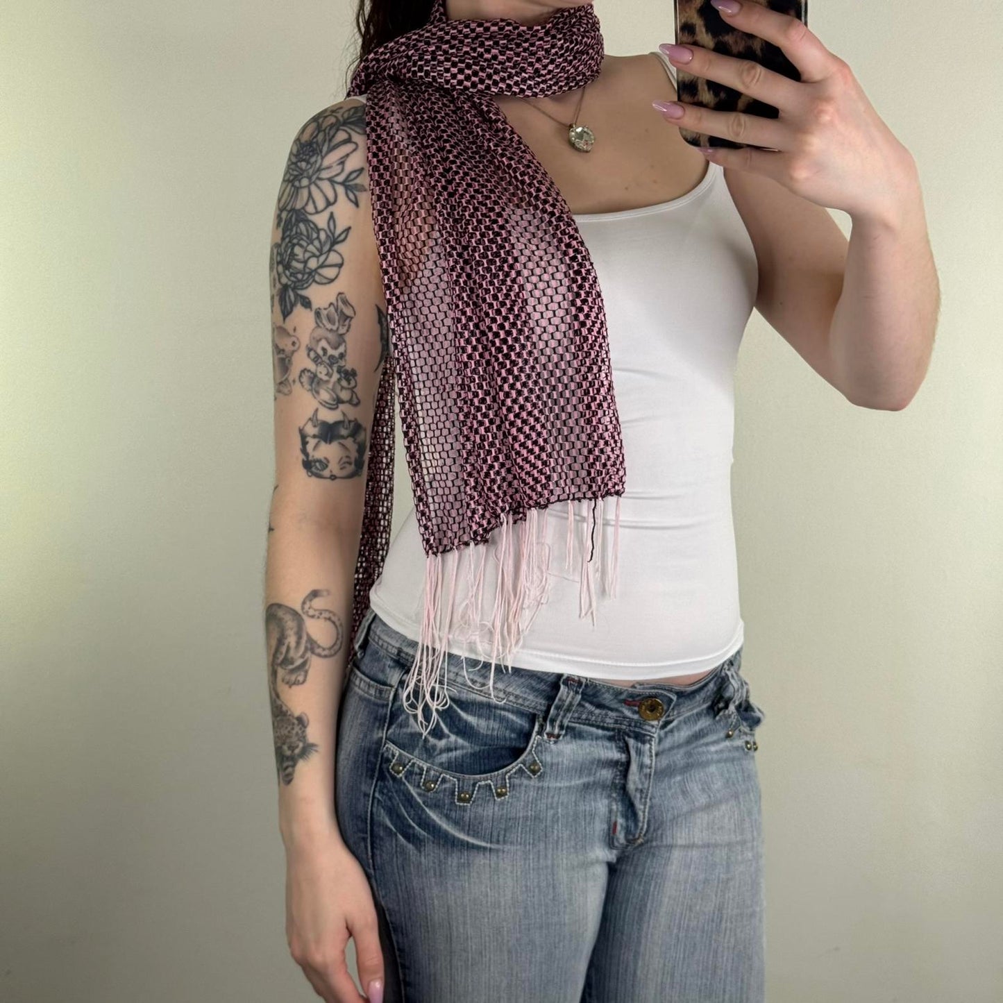 Y2K vintage mesh scarf fringe black pink sheer netted