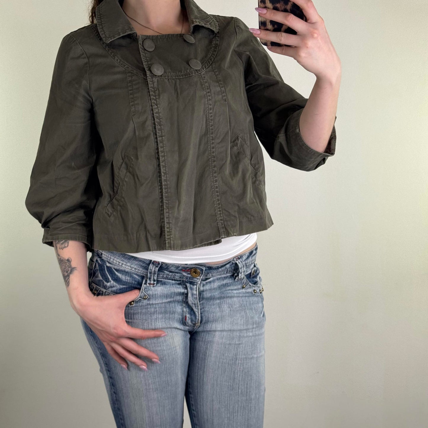Y2K vintage military pea coat denim jacket ballon 3/4 sleeve pleated cropped