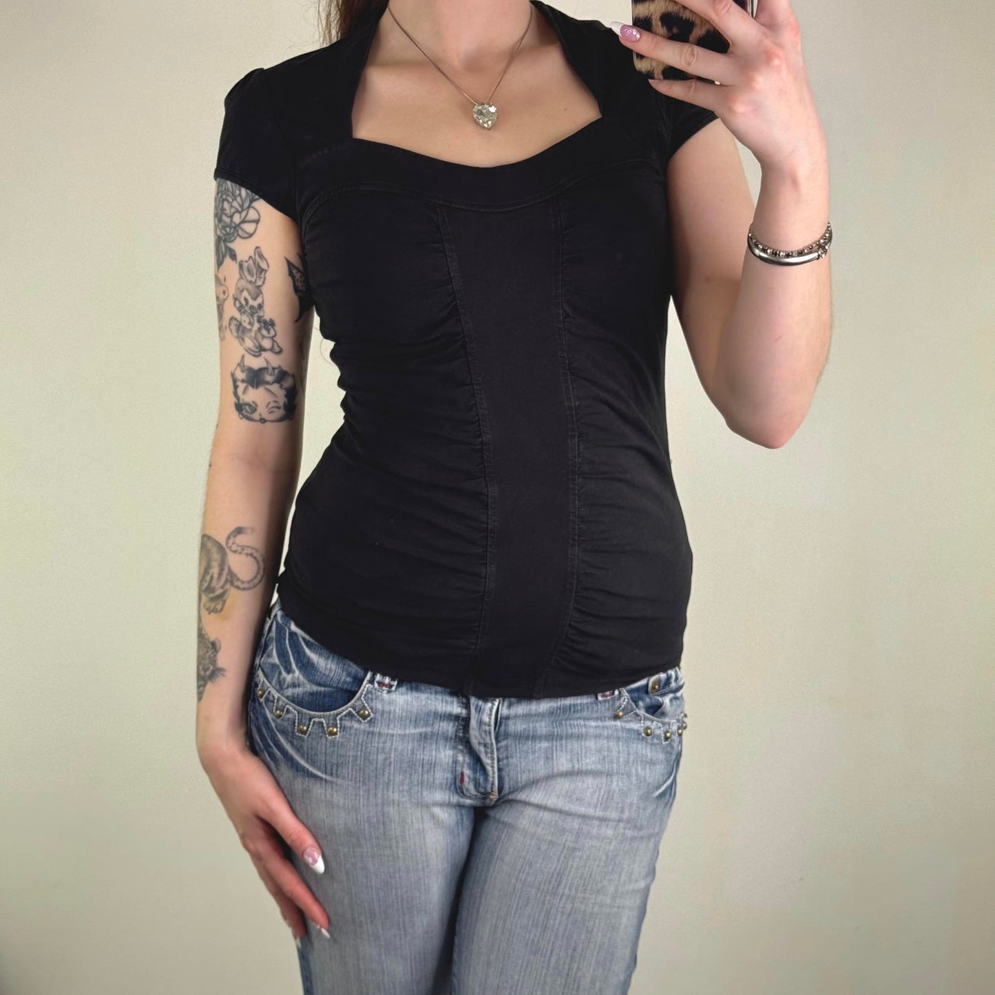 Y2K vintage ruched t-shirt short sleeve top cap sleeve fitted sweetheart neck