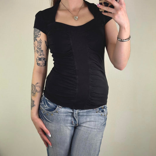 Y2K vintage ruched t-shirt short sleeve top cap sleeve fitted sweetheart neck