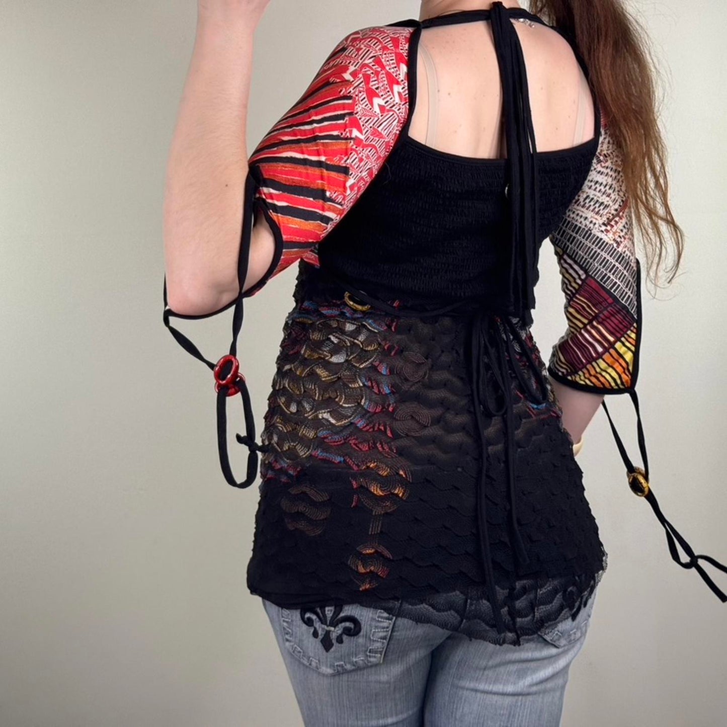 Y2K vintage Save The Queen top 3/4 sleeve top Australia aboriginal print mesh