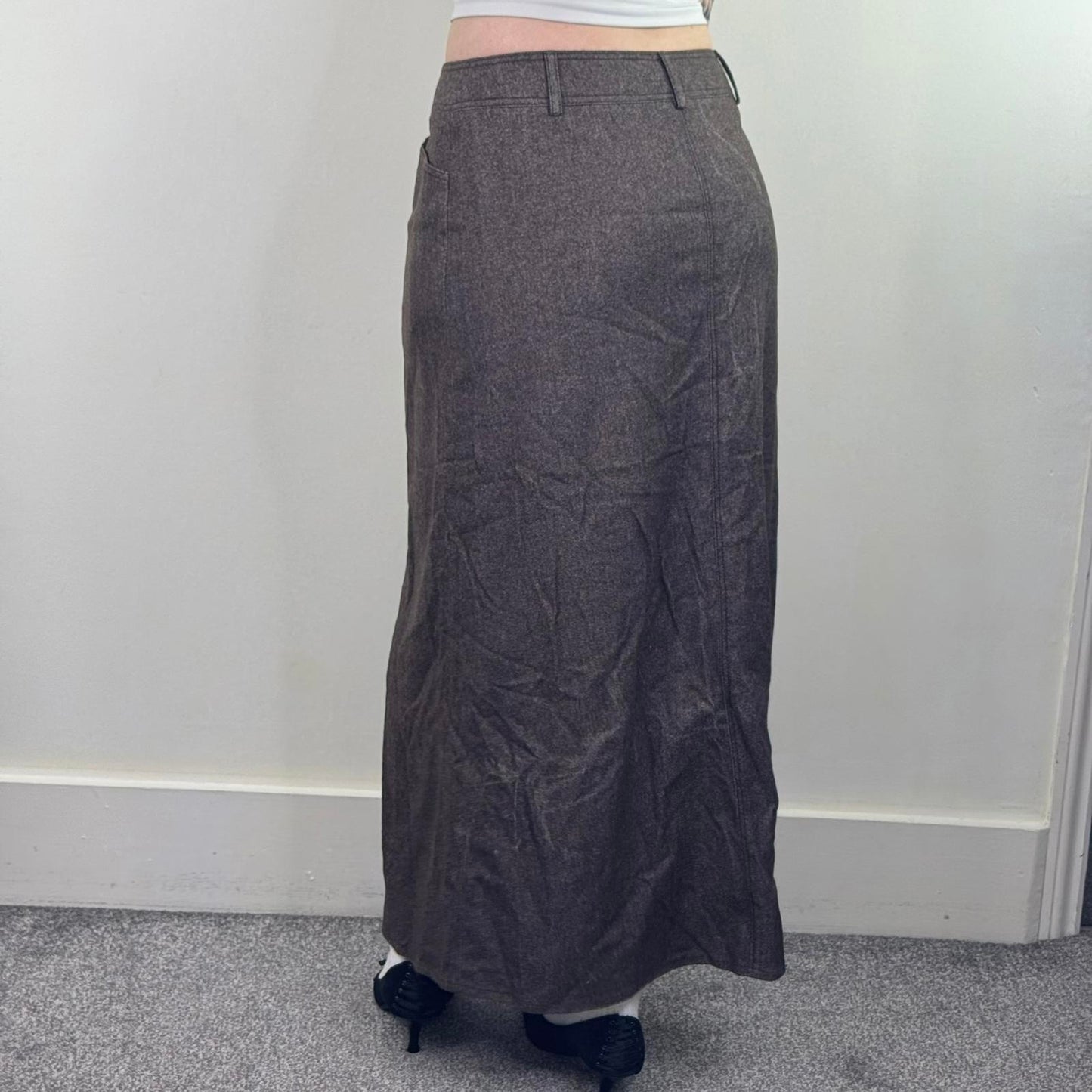 Y2K vintage Monsoon wool blend a line maxi skirt brown tweed pockets mid rise