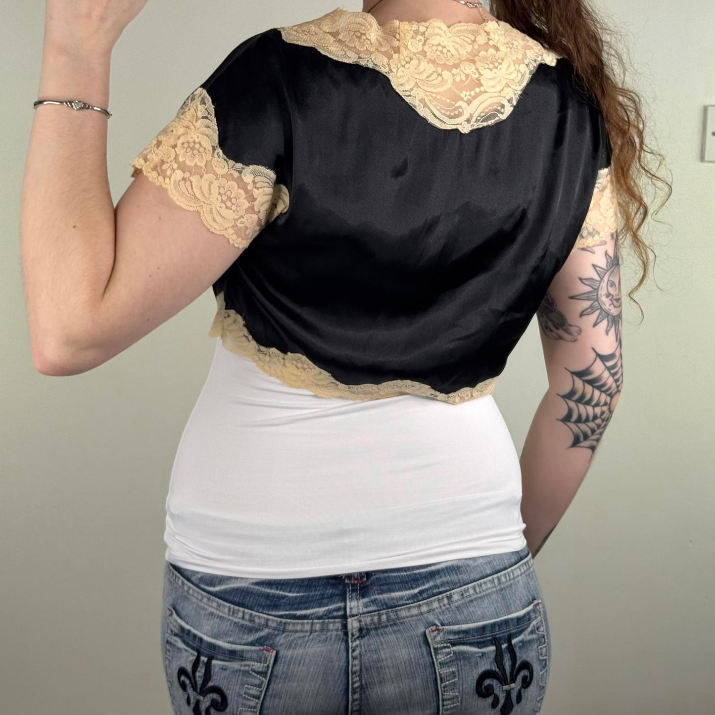 Y2K vintage cardigan lace trim short sleeve cropped bow satin black cream