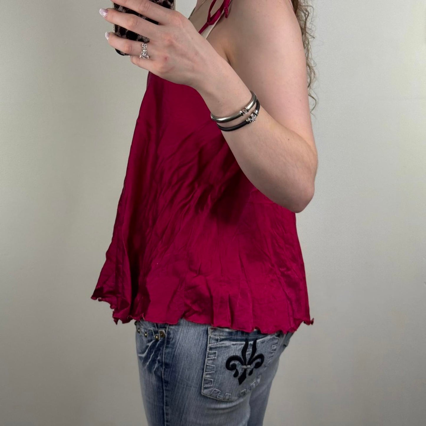 Myla 95% silk cami top adjustable bows flowy babydoll straight neckline red