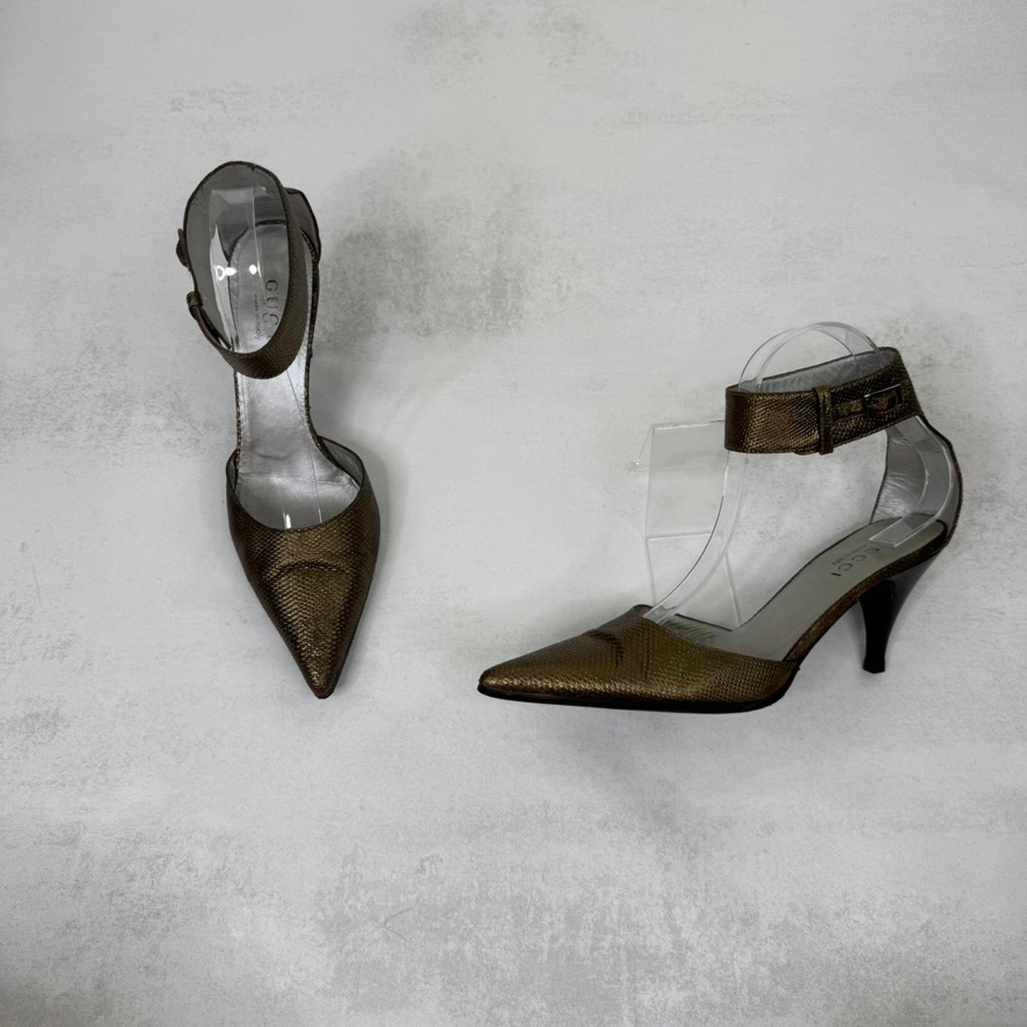 Y2K vintage Gucci by Tom Ford Gold Leather Heels with Ankle Strap Snake