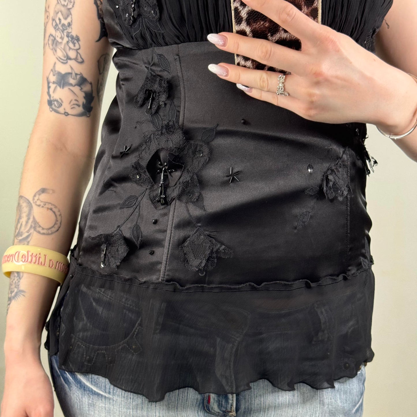 Y2K vintage boned embellished top ruched bust lace floral beaded sequin coquette