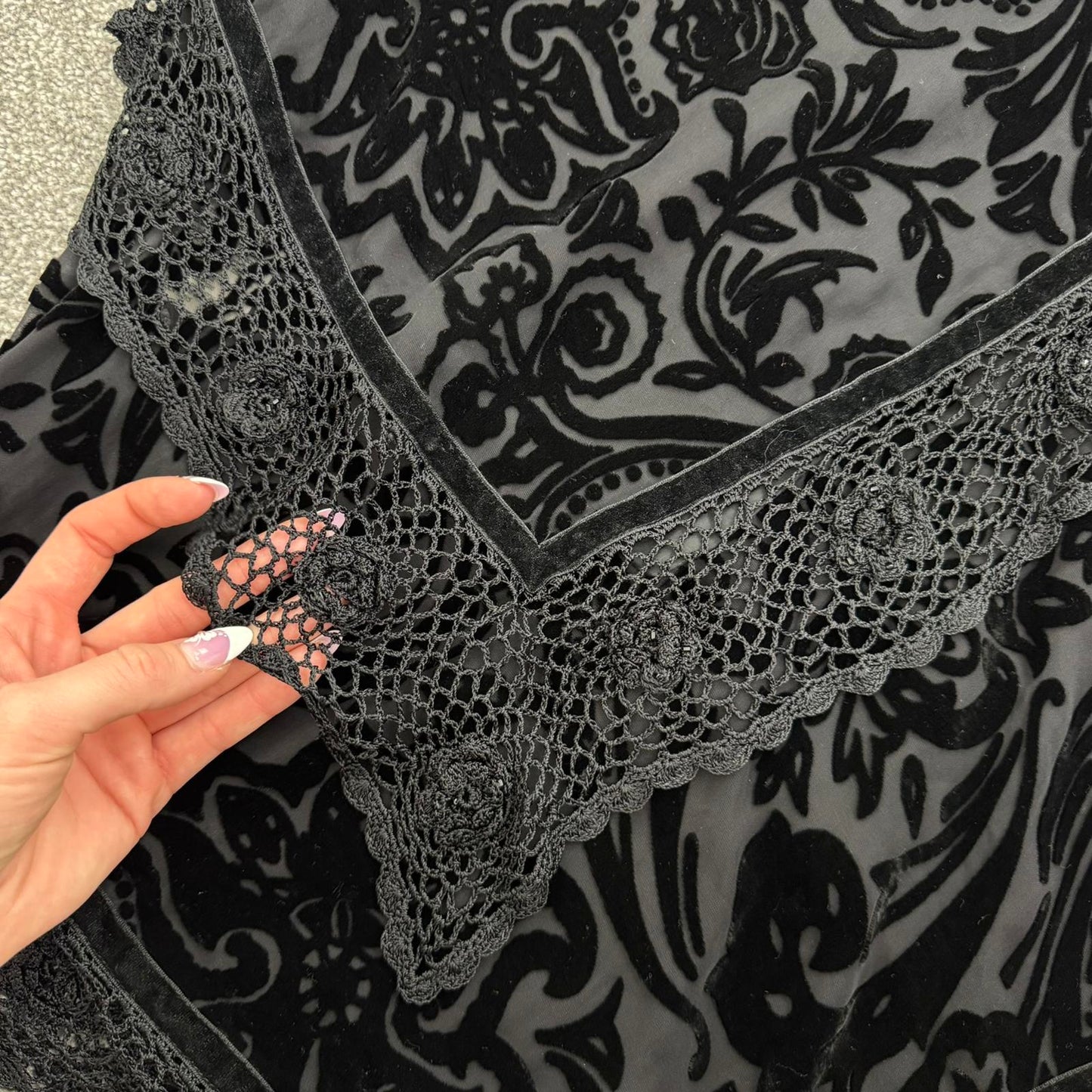 Y2K vintage Laura Ashley vintage maxi dress silk blend crochet hanky hem velvet