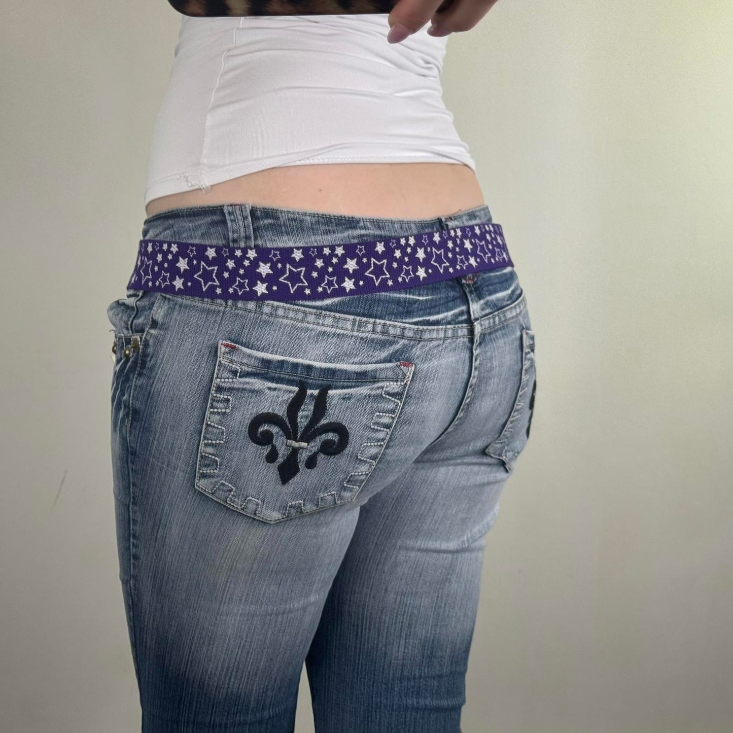 Y2K vintage star canvas belt purple white silver pattern