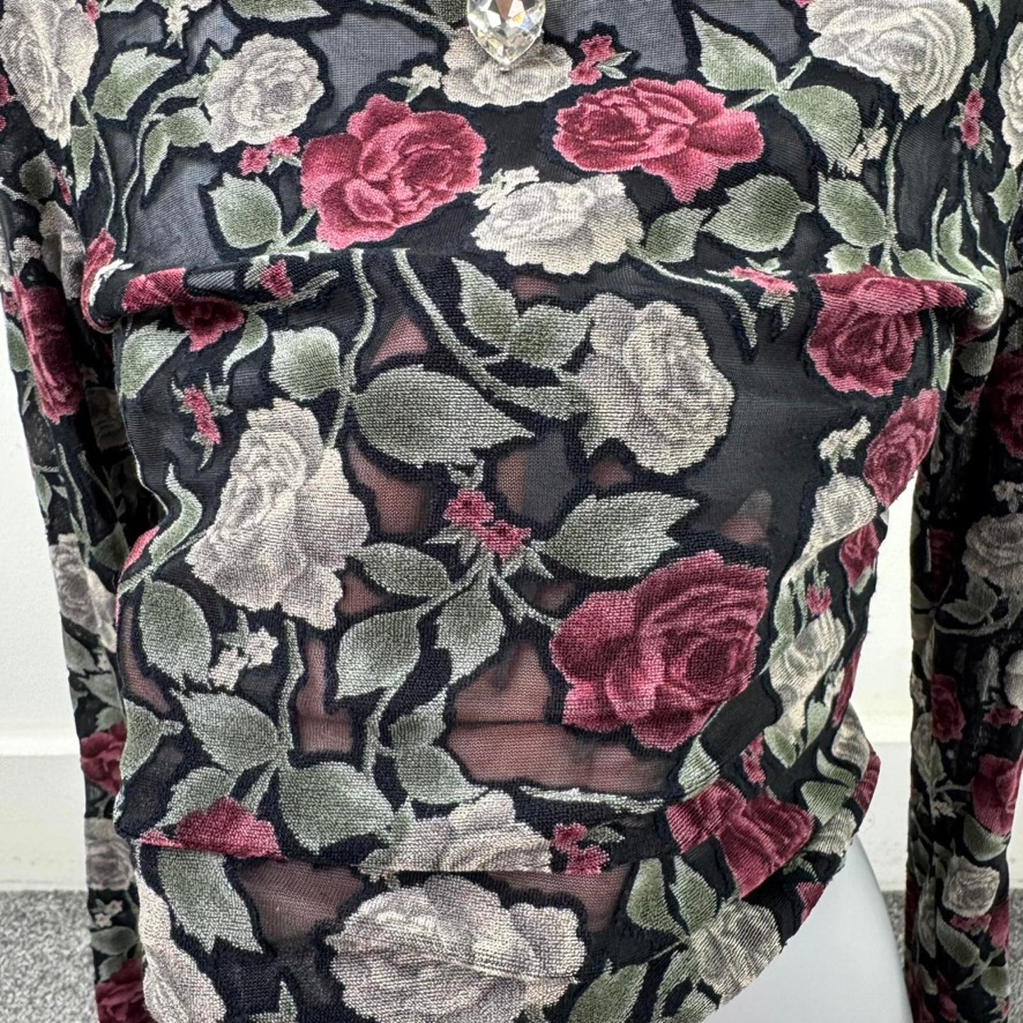 Y2K vintage mesh long sleeve top floral rose pattern sheer stretchy whimsigoth
