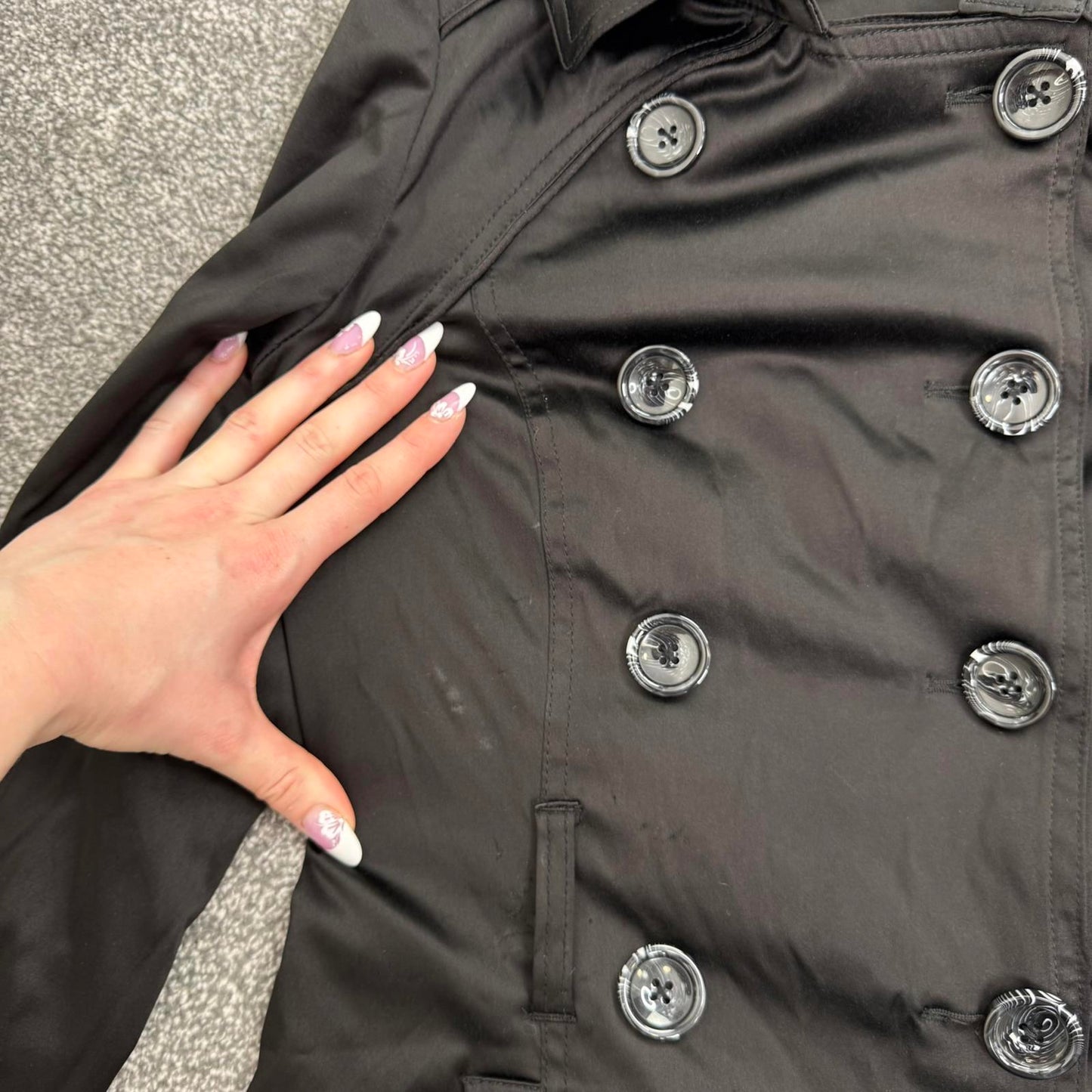 Vintage Jane Norman trench jacket short black satin button up double breasted