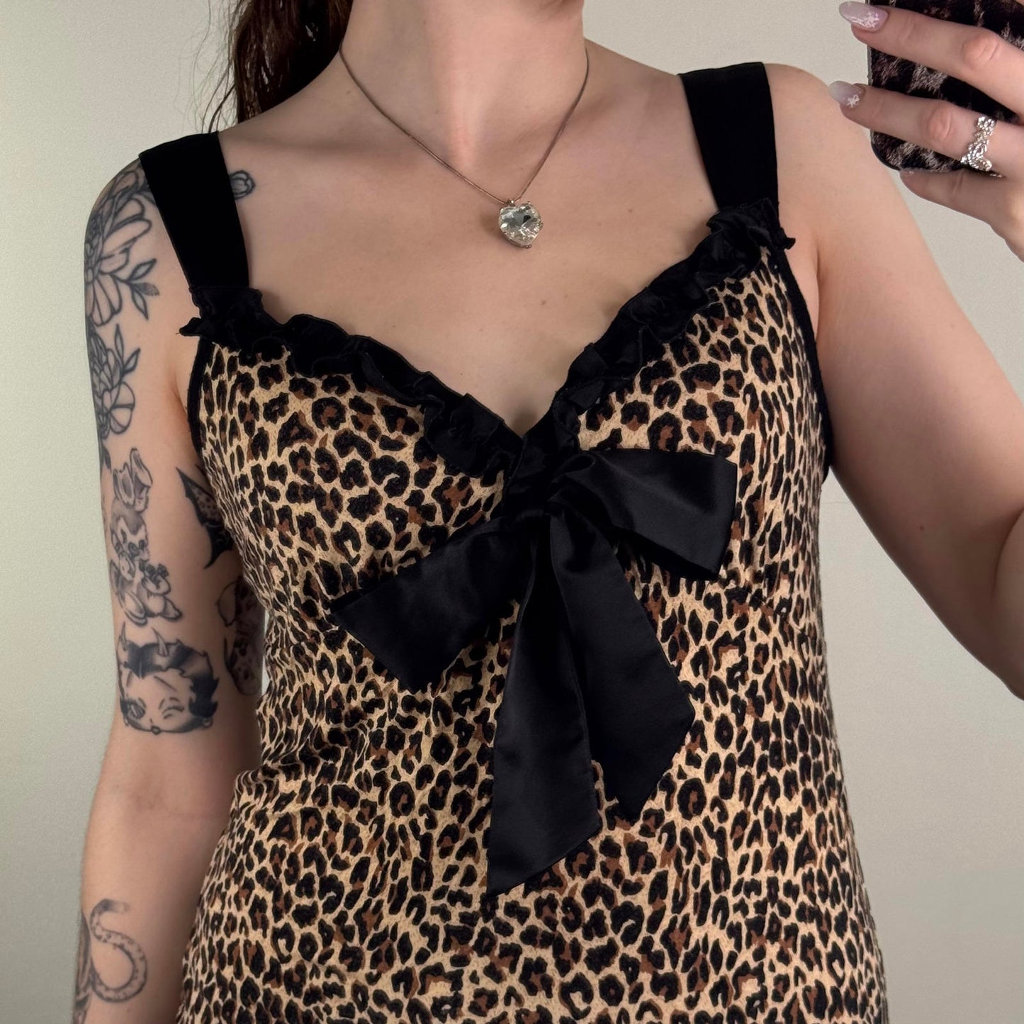 Y2K vintage leopard cami top oversize bow tank print ruffle bust v neck