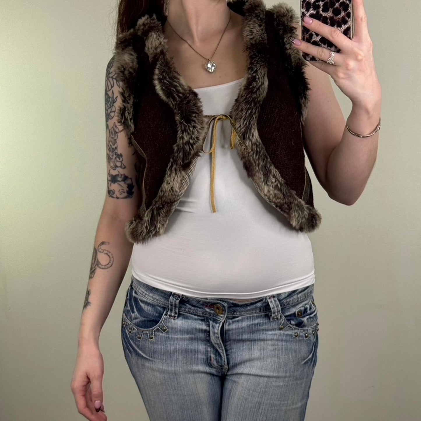 Y2K vintage wool blend gilet faux fur cropped knit open bow front sleeveless