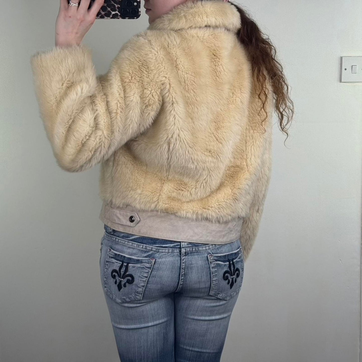 Y2K vintage faux fur zip up coat genuine suede trim collar beige fluffy