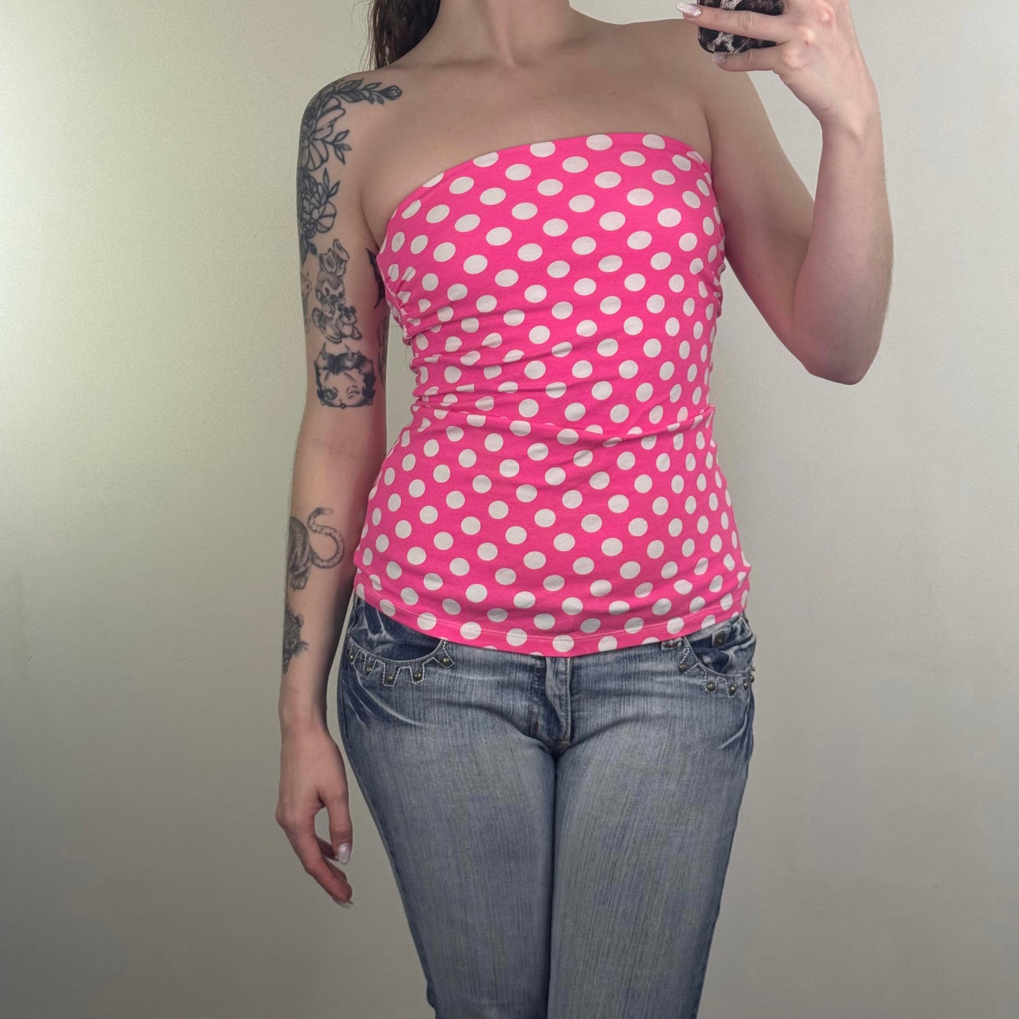 Y2K vintage polka dot strapless top pink white boob tube with bust support