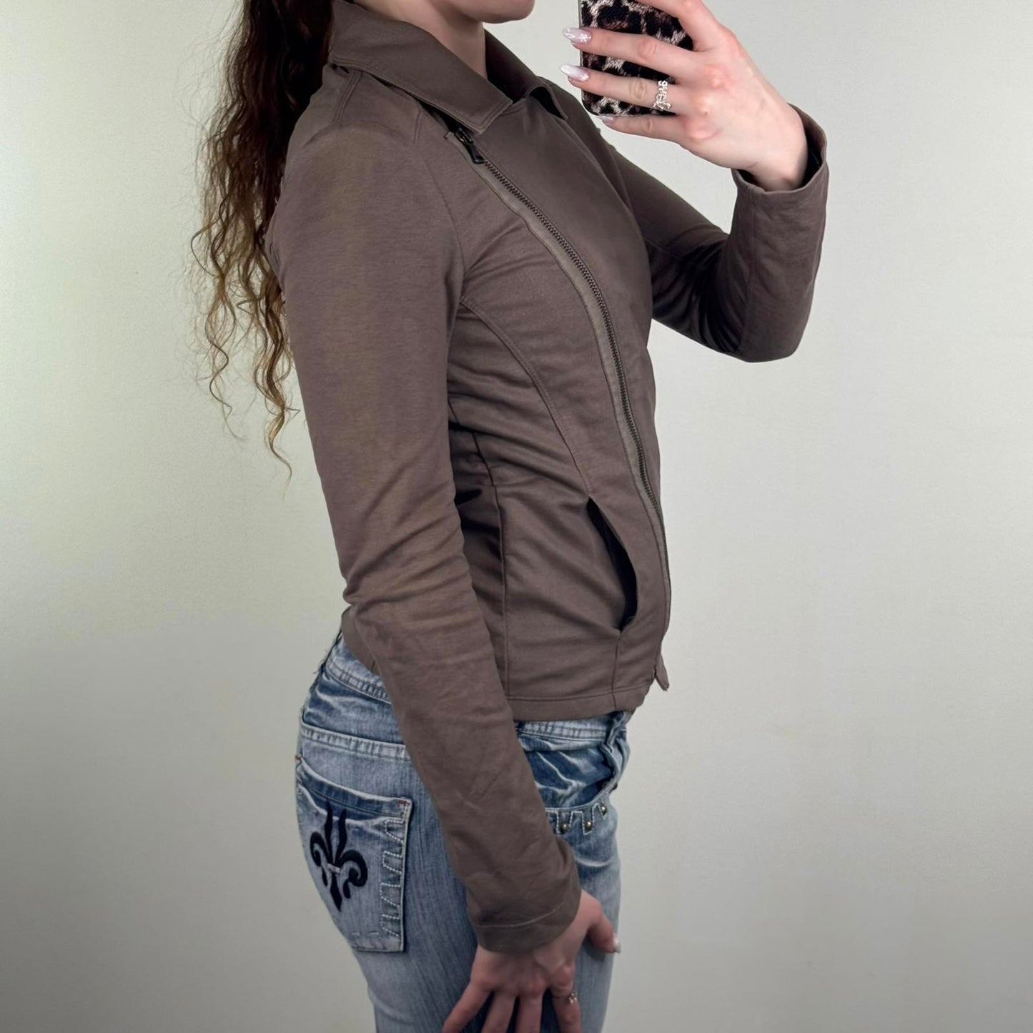 Y2K vintage archive asymmetrical zip up jumper fitted light brown stretchy