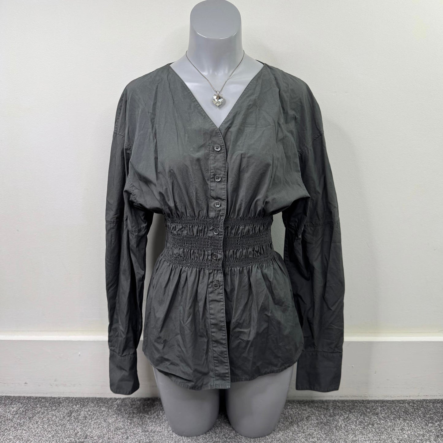 ARKET Smock Waist Poplin Blouse long sleeve shirt v neck button up RRP £69