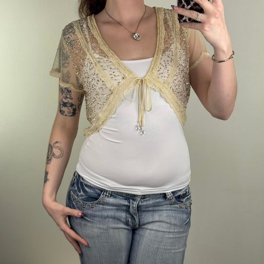 Y2K vintage mesh cardigan sheer short sleeve bow sequin beaded coquette lace