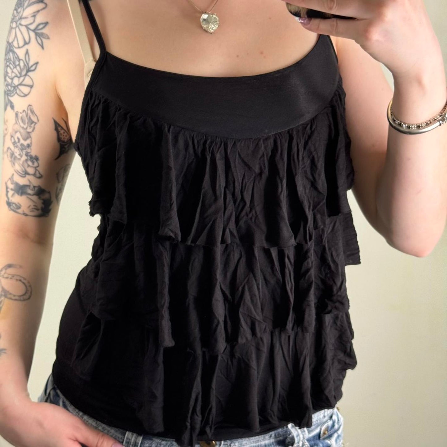 Y2K vintage Mango ruffle cami top layered strappy summer holiday round neckline