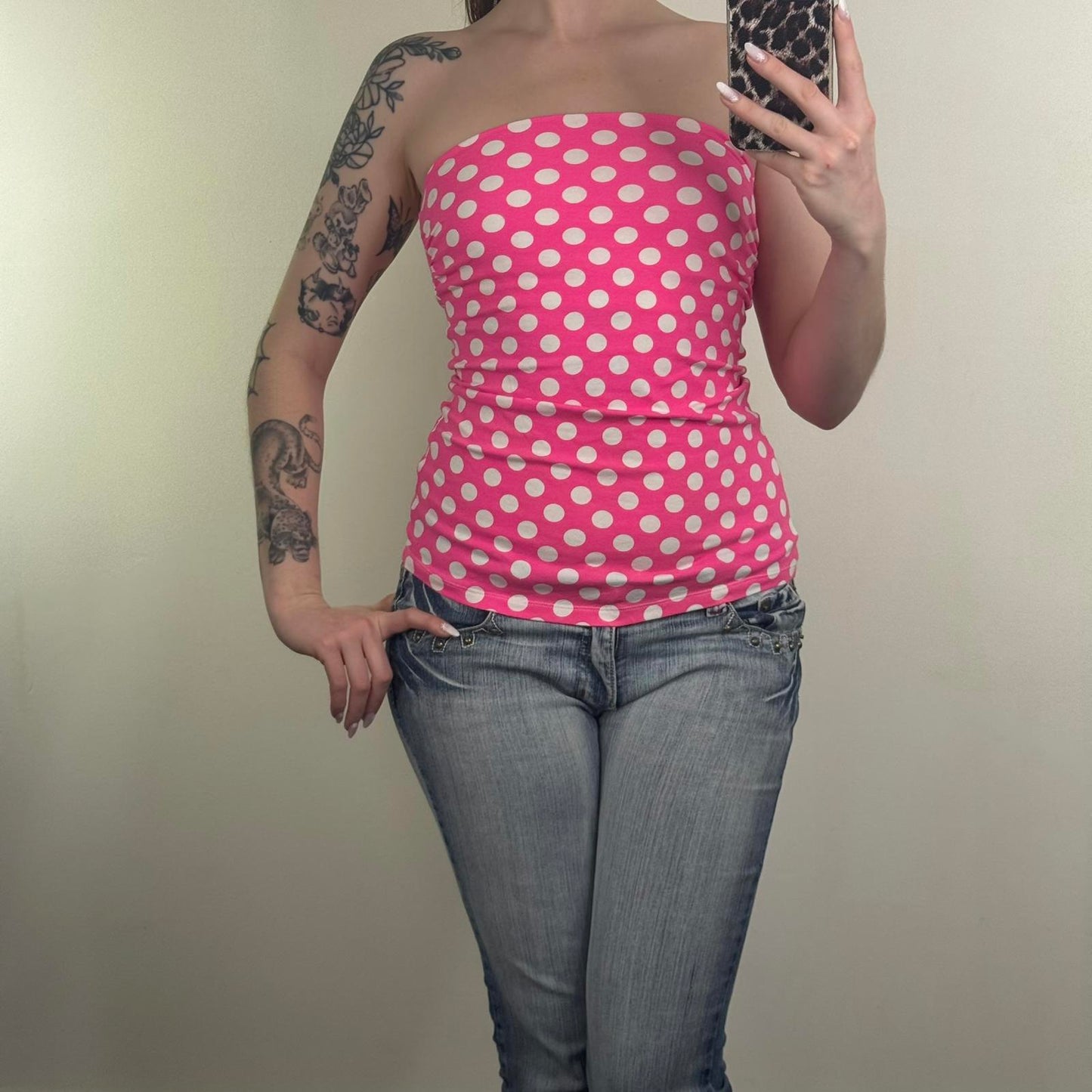 Y2K vintage polka dot strapless top pink white boob tube with bust support