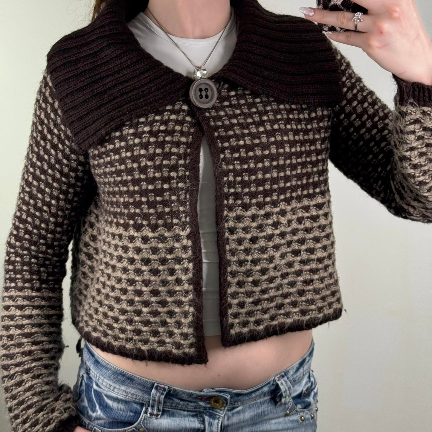 Y2K vintage Next mohair wool blend button up cardigan pea coat brown pattern
