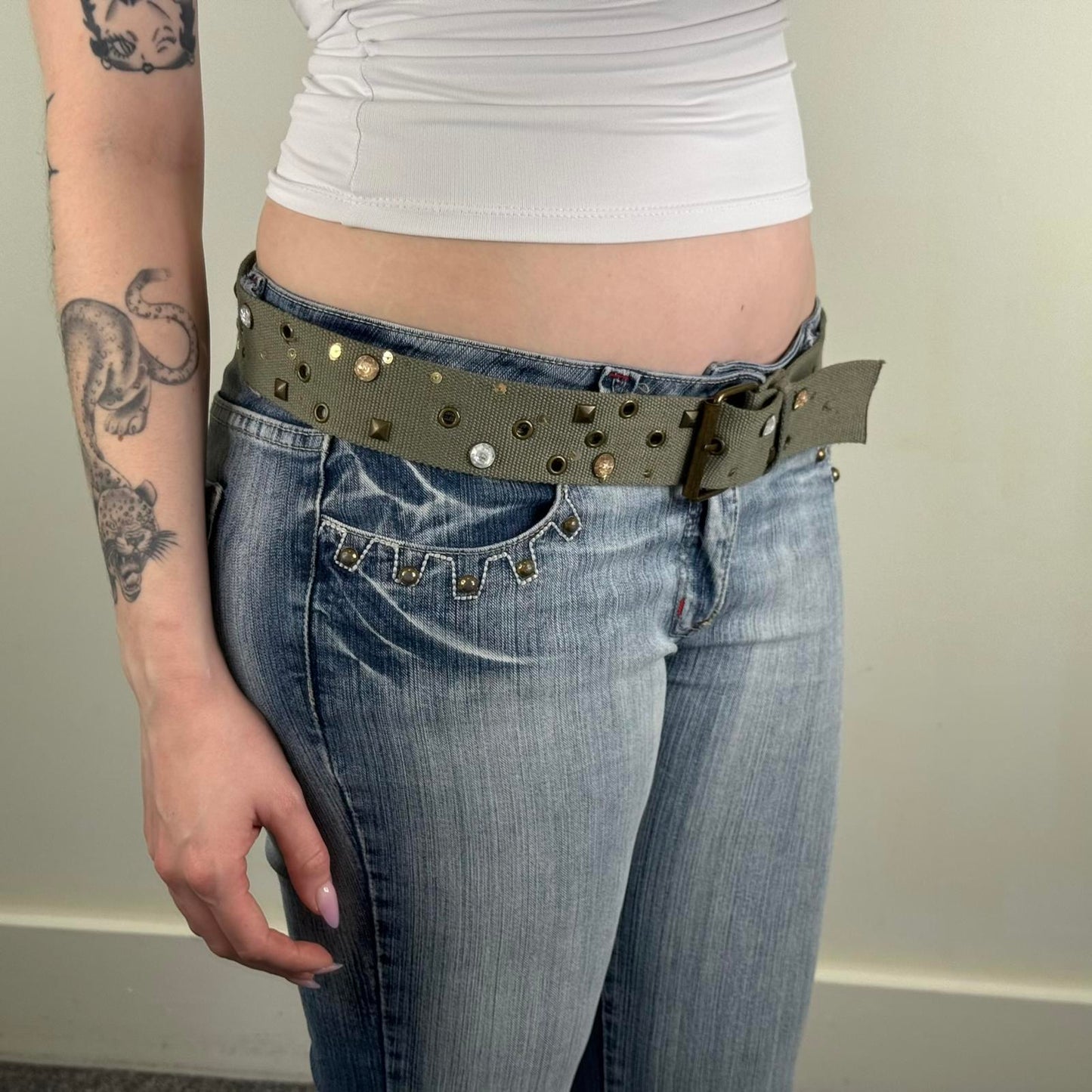 Y2K vintage canvas belt studded rhinestone grommet cargo khaki