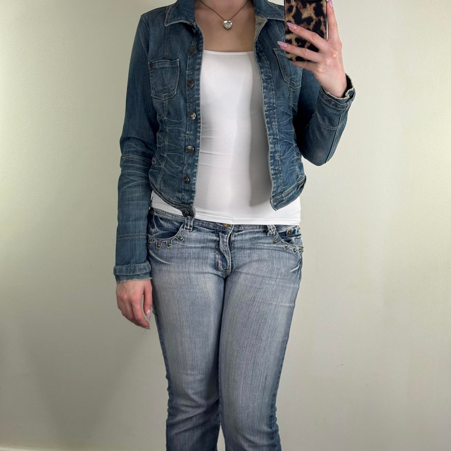 Y2K vintage denim jacket button up curved hem faded blue wash fitted cropped