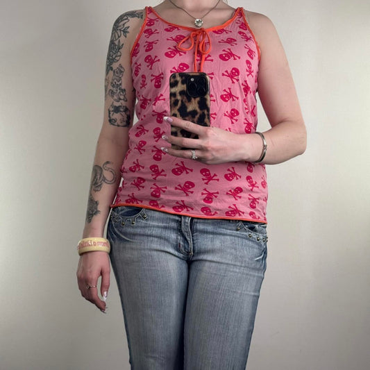 Y2K vintage Topshop tank top skull print bow pink orange sleeveless round neck