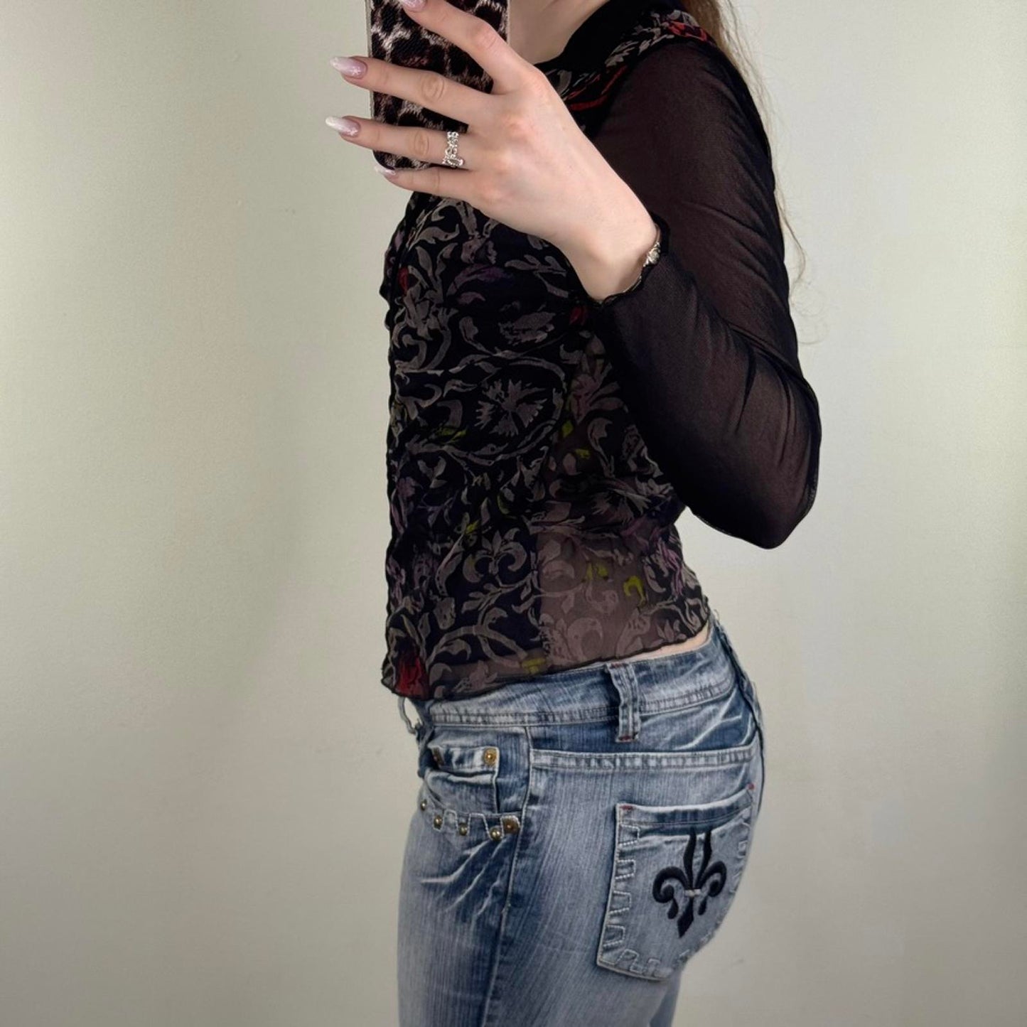 Y2K vintage Per Una mesh long sleeve top floral filigree velvet hook and eye