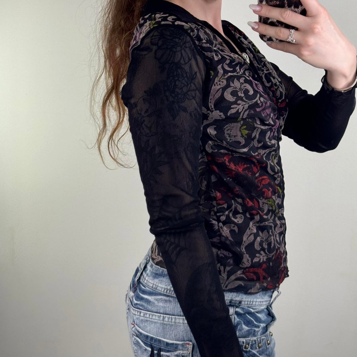 Y2K vintage Per Una mesh long sleeve top floral filigree velvet hook and eye