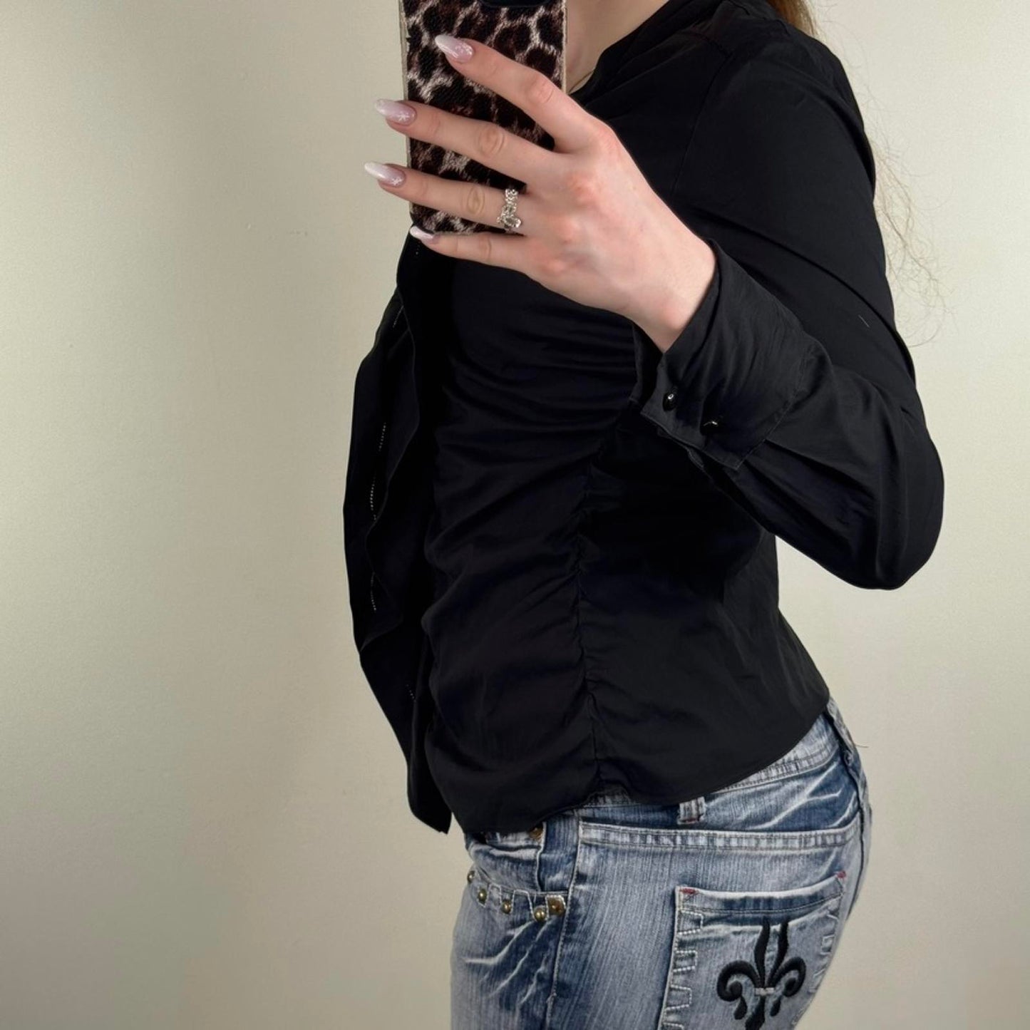 Y2K vintage blouse stretchy ruffle long sleeve v neck shirt fitted black ruched