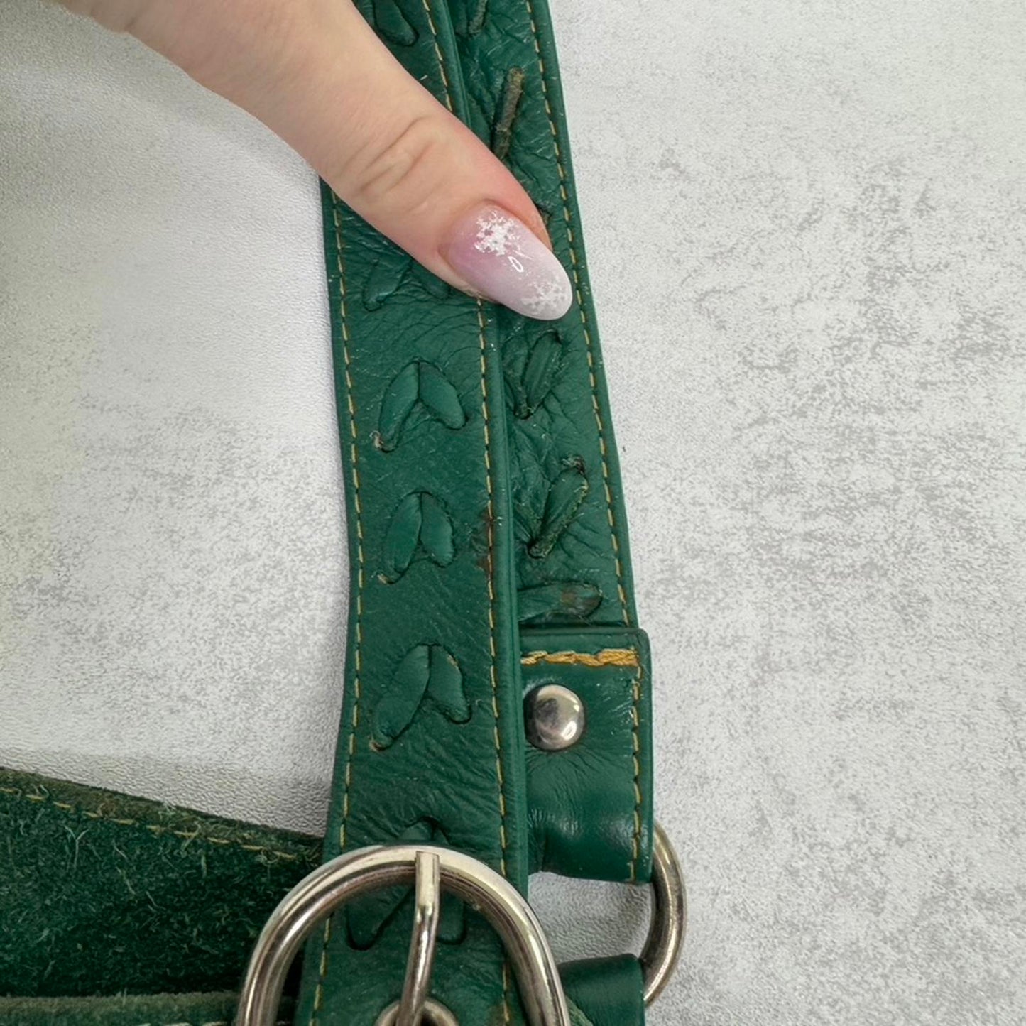 Y2K vintage genuine suede shoulder bag slouchy zipper green silver medium