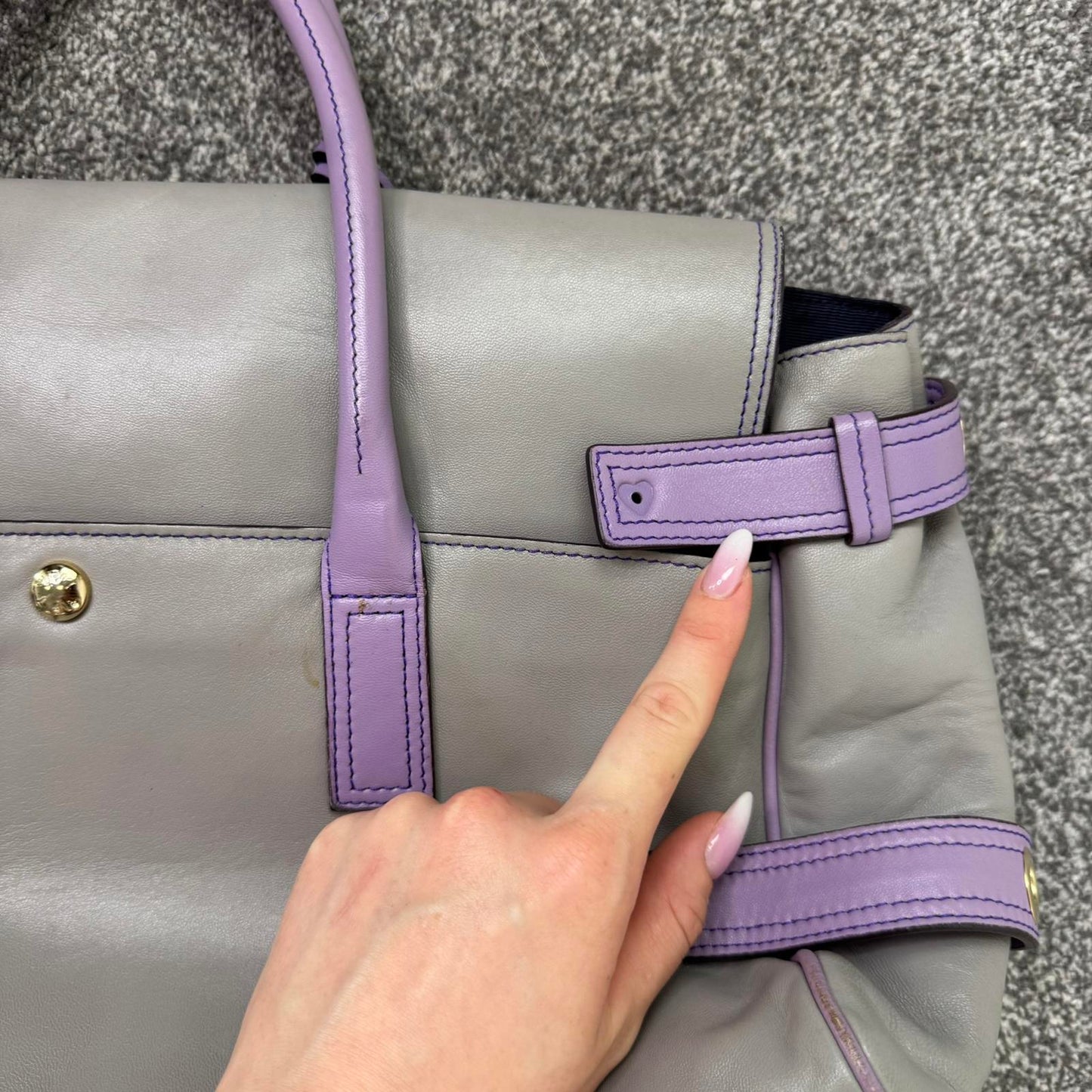 Luella Gisele large handbag grey purple genuine leather two tone grommet hearts