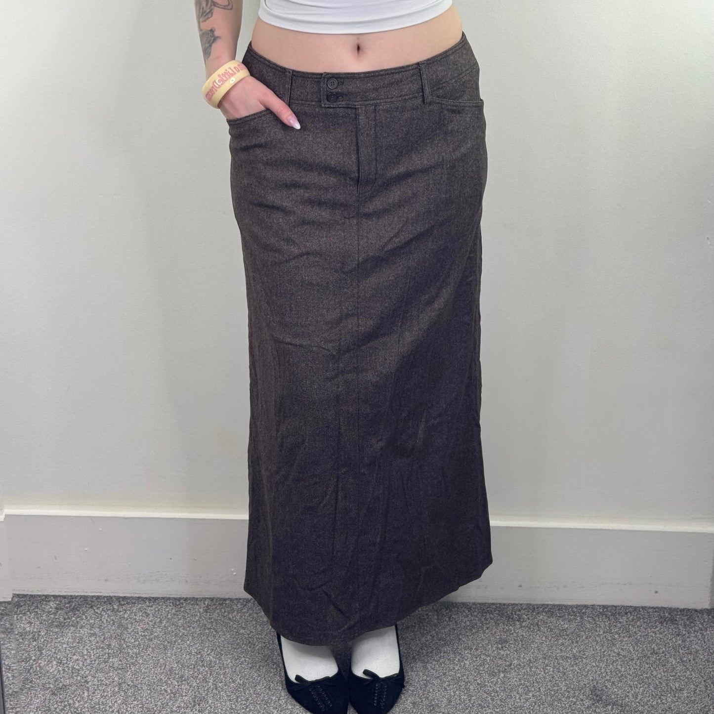 Y2K vintage Monsoon wool blend a line maxi skirt brown tweed pockets mid rise