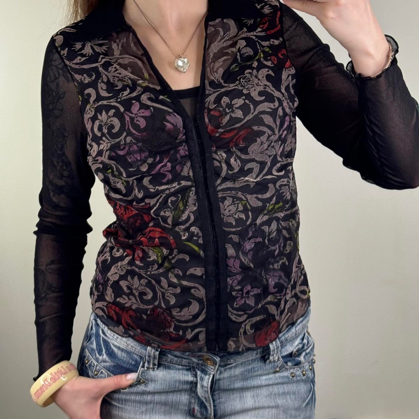 Y2K vintage Per Una mesh long sleeve top floral filigree velvet hook and eye