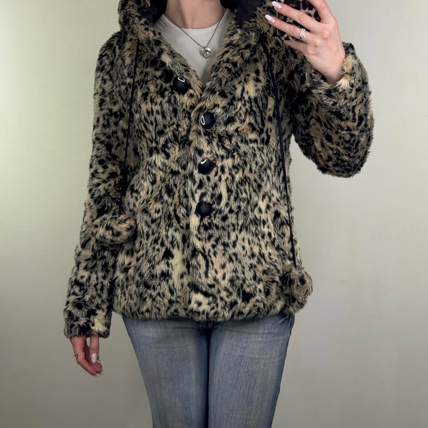 Y2K vintage River Island faux fur leopard print coat button up with hood pom pom