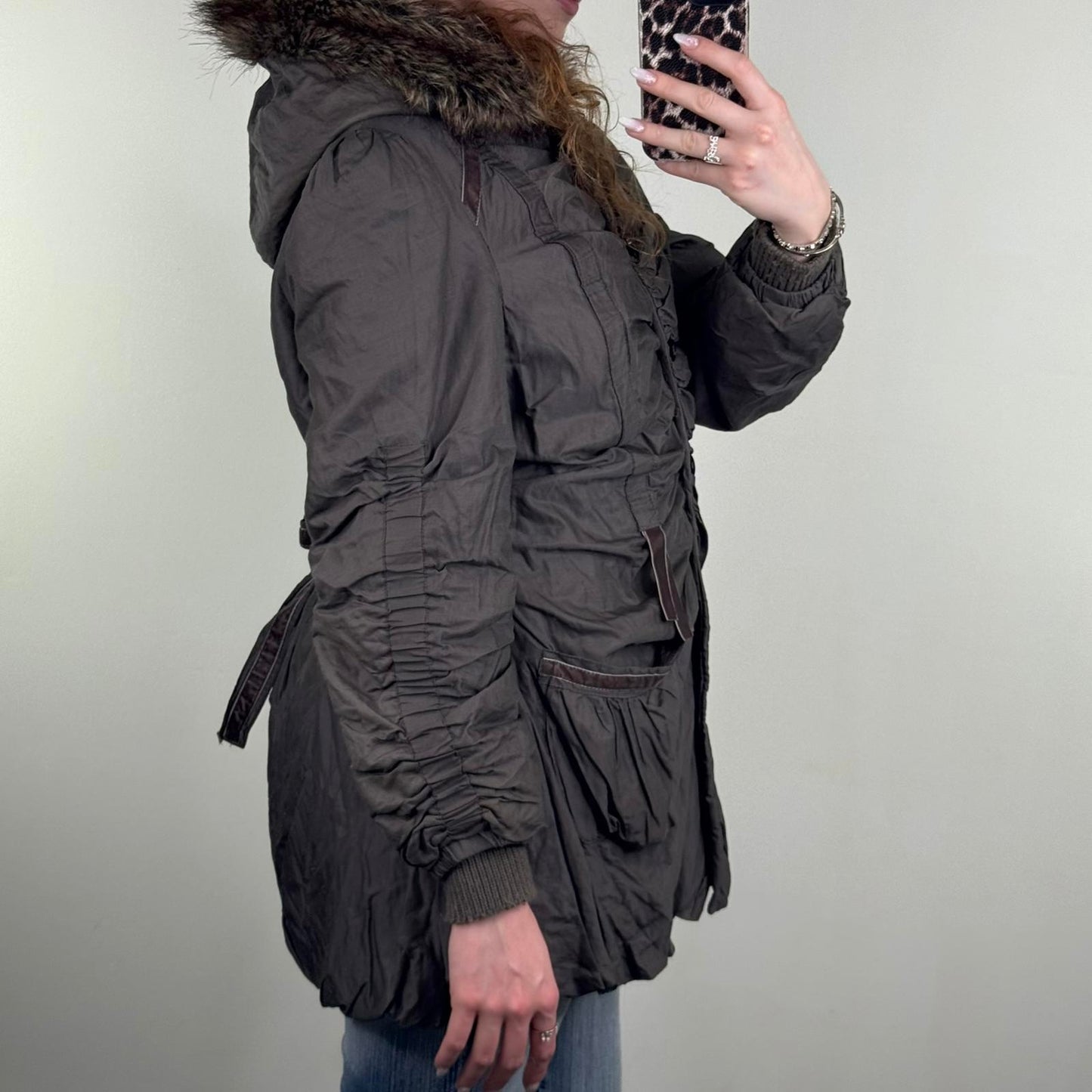 Y2K vintage parka coat ruched bow faux fur hood button up coquette brown velvet