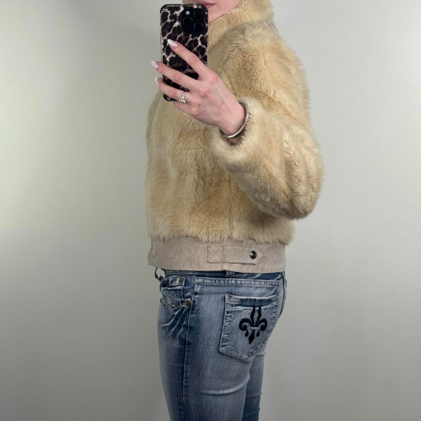 Y2K vintage faux fur zip up coat genuine suede trim collar beige fluffy