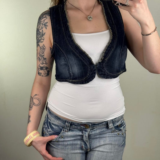 Y2K vintage denim waistcoat top cropped v neck frill hook and eye faded blue