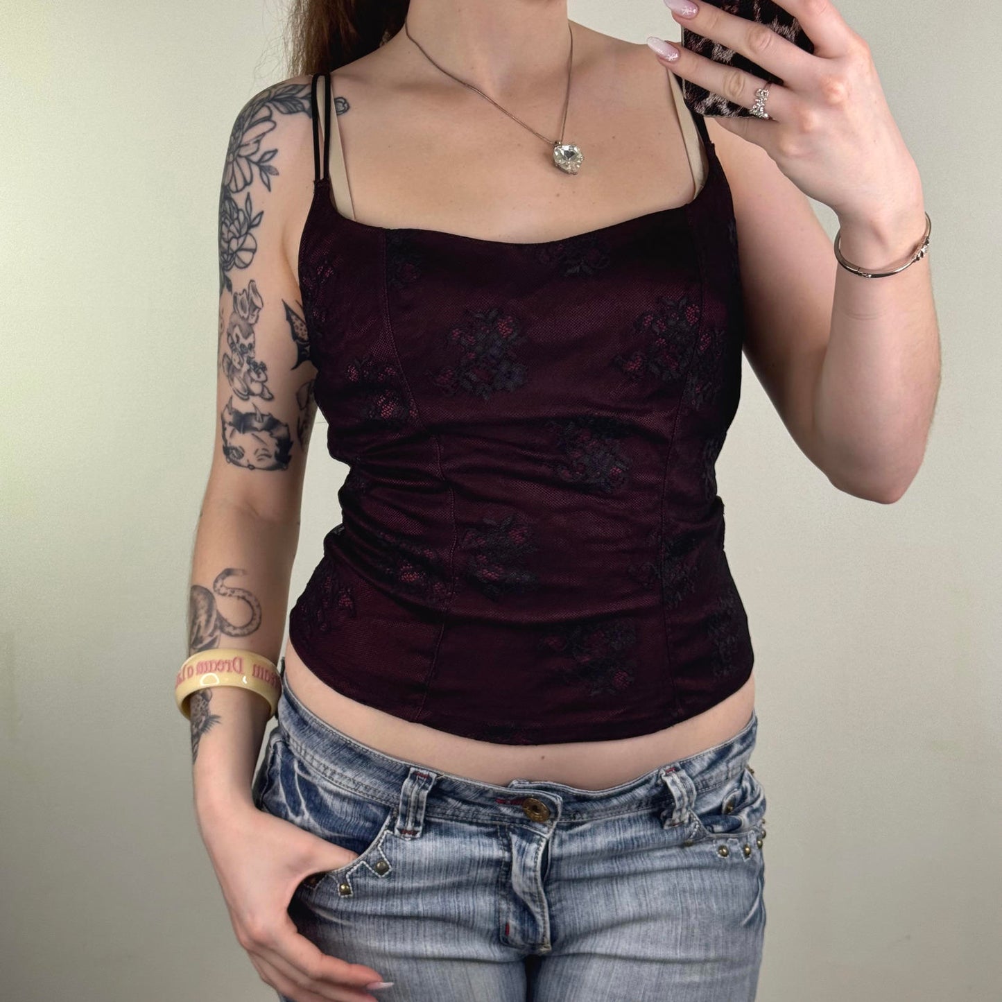 Y2K vintage mesh cami top floral sheer strappy stretchy burgundy black