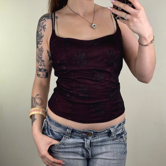 Y2K vintage mesh cami top floral sheer strappy stretchy burgundy black