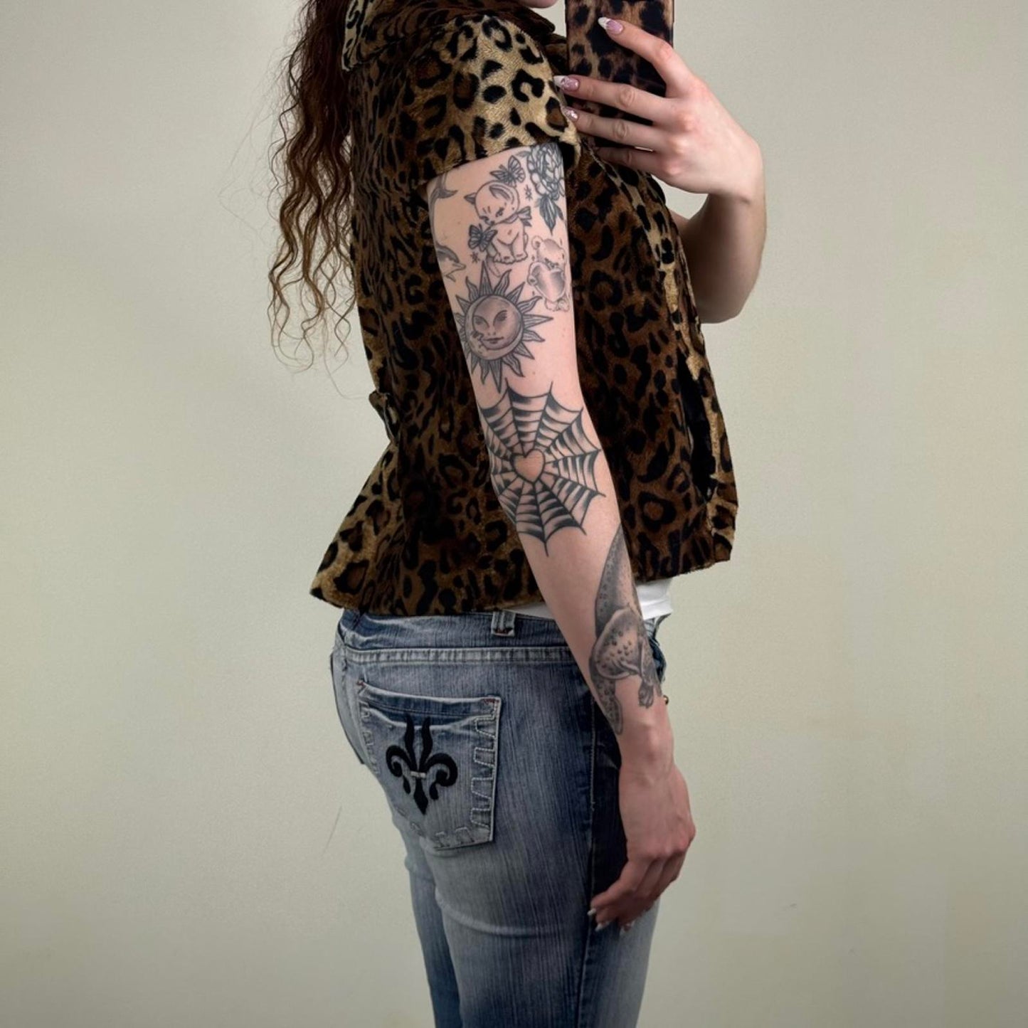 Y2K vintage leopard print pea coat jacket short sleeve high neck short length