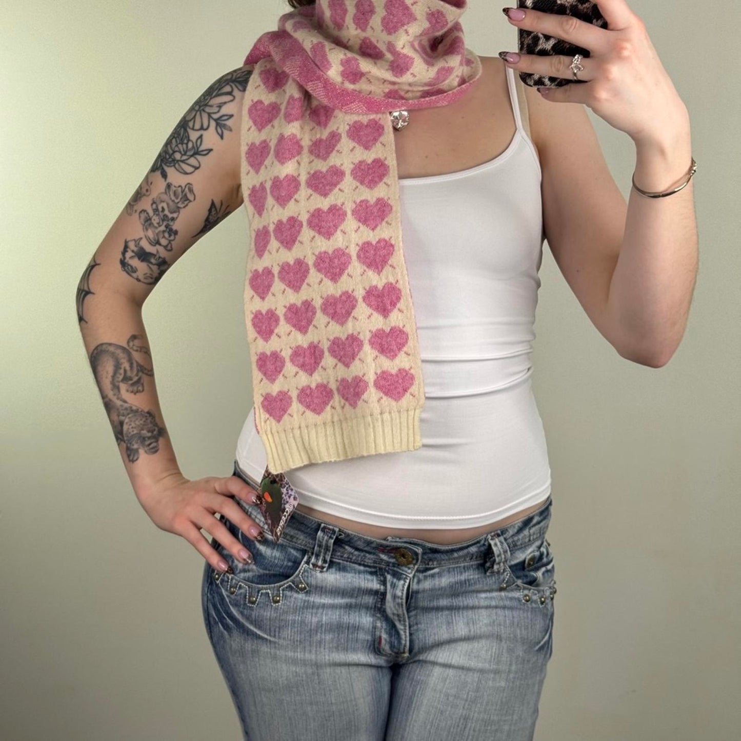 Y2K vintage heart scarf angora wool blend cream pink sparkly knitted